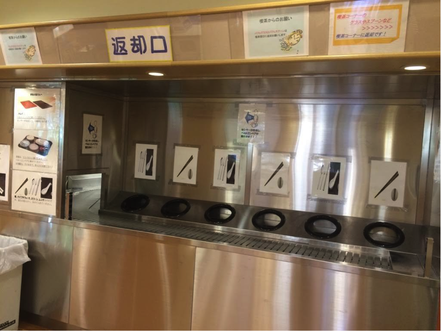 京都女子大学食堂の、食器を返却するベルトコンベアー